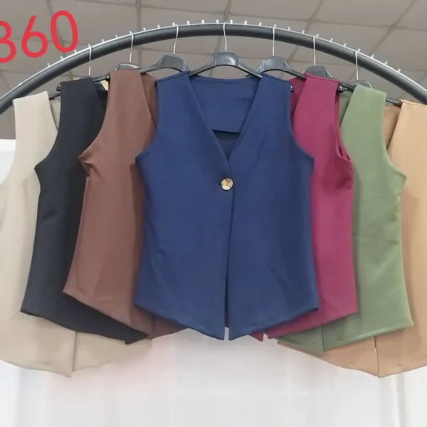 Women's Beige Button Sleeveless V-Neck Casual Vest